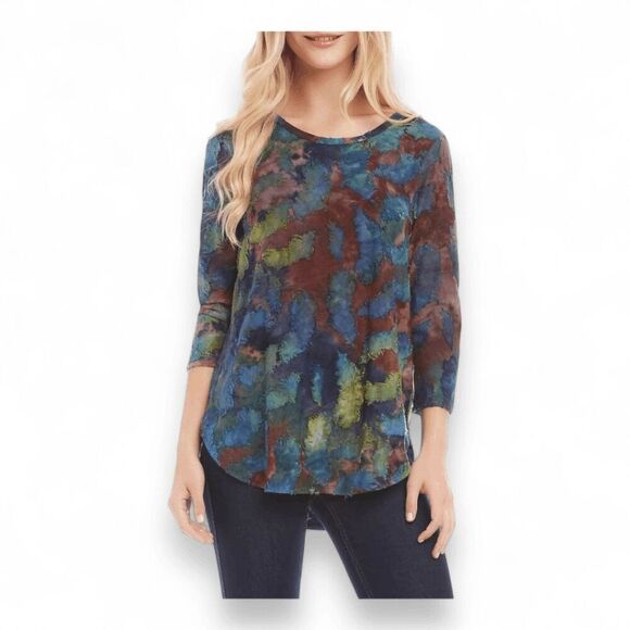 Karen Kane Tie Dye Leaf Print Burnout‎ Shirttail Blouse Top Blue Brown Medium - Picture 1 of 14